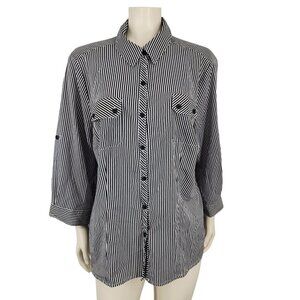 Women's Notations Black White Striped Button Down Pocket Blouse Shirt XL Top